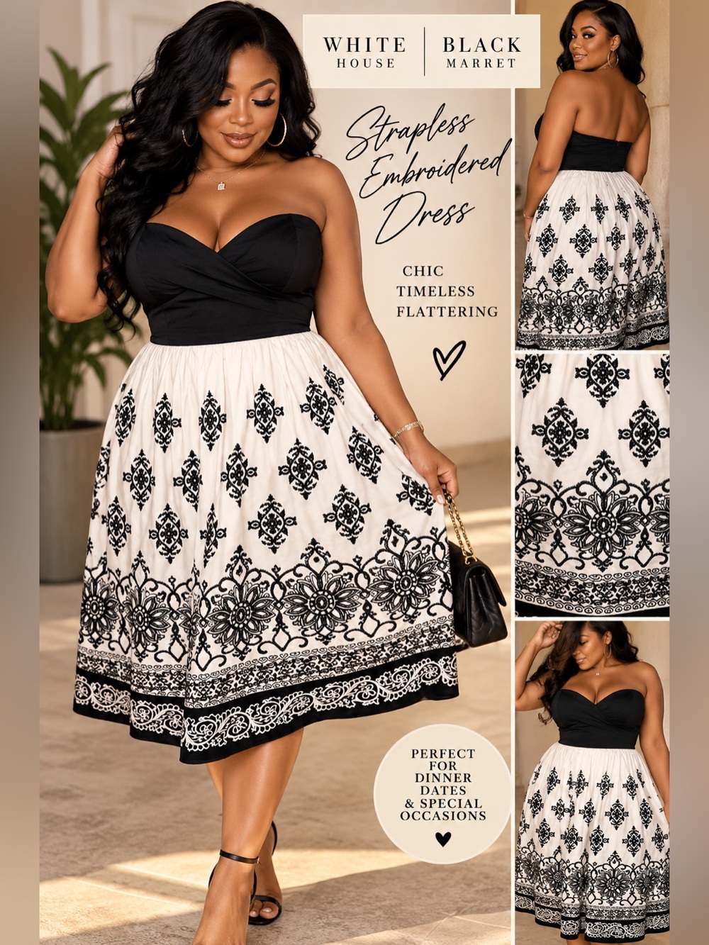 White House Black Market Black and White Strapless Embroidered Midi Dress Sz 2